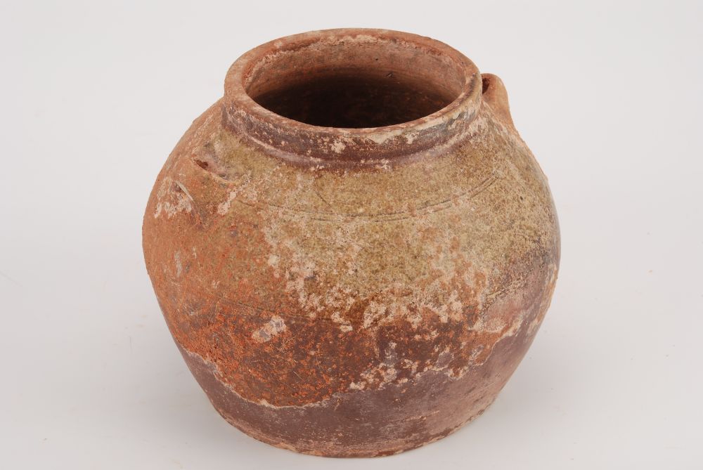 汉青釉直口双系平底陶罐