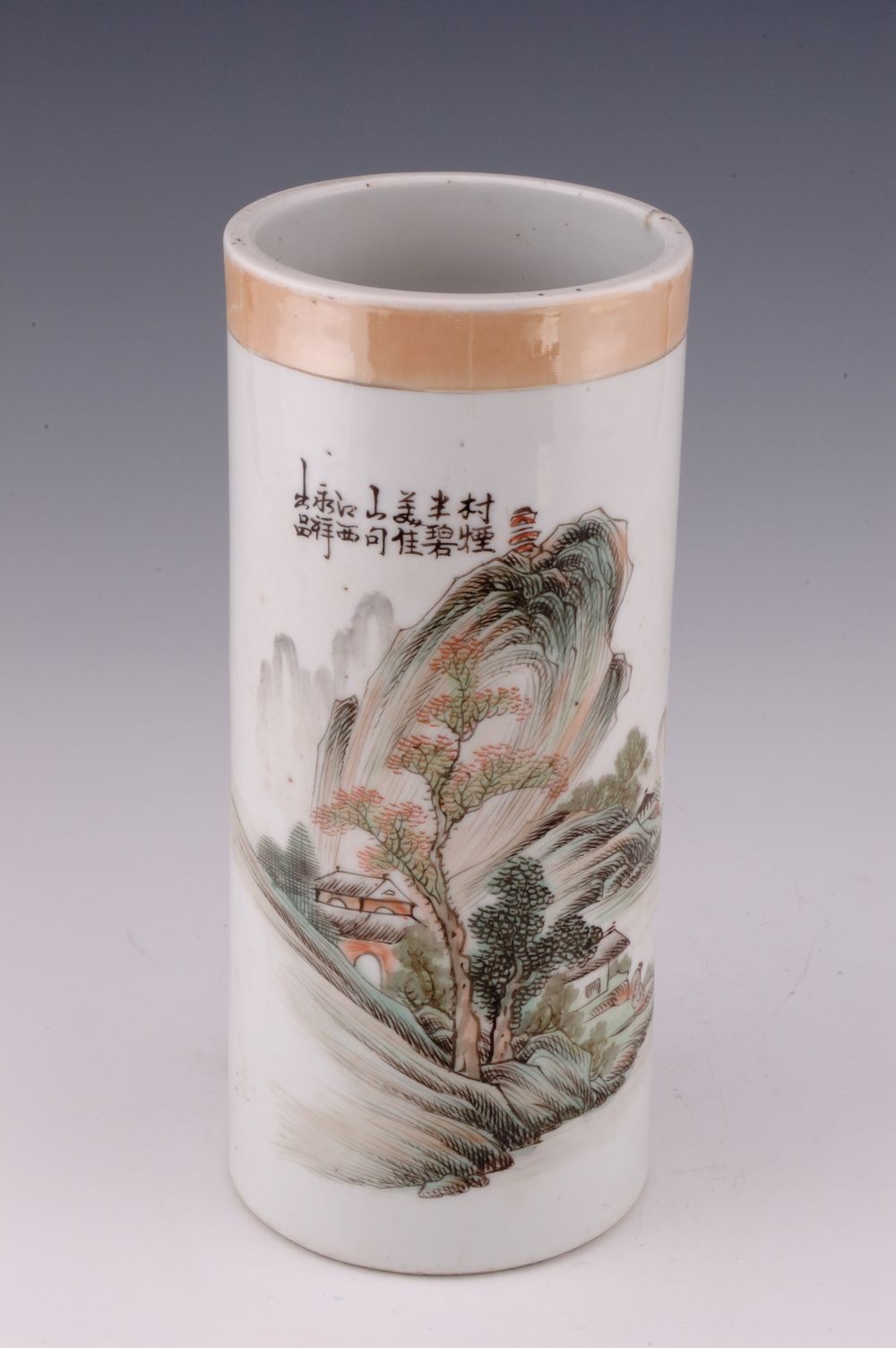 浅绛彩山水人物纹帽筒